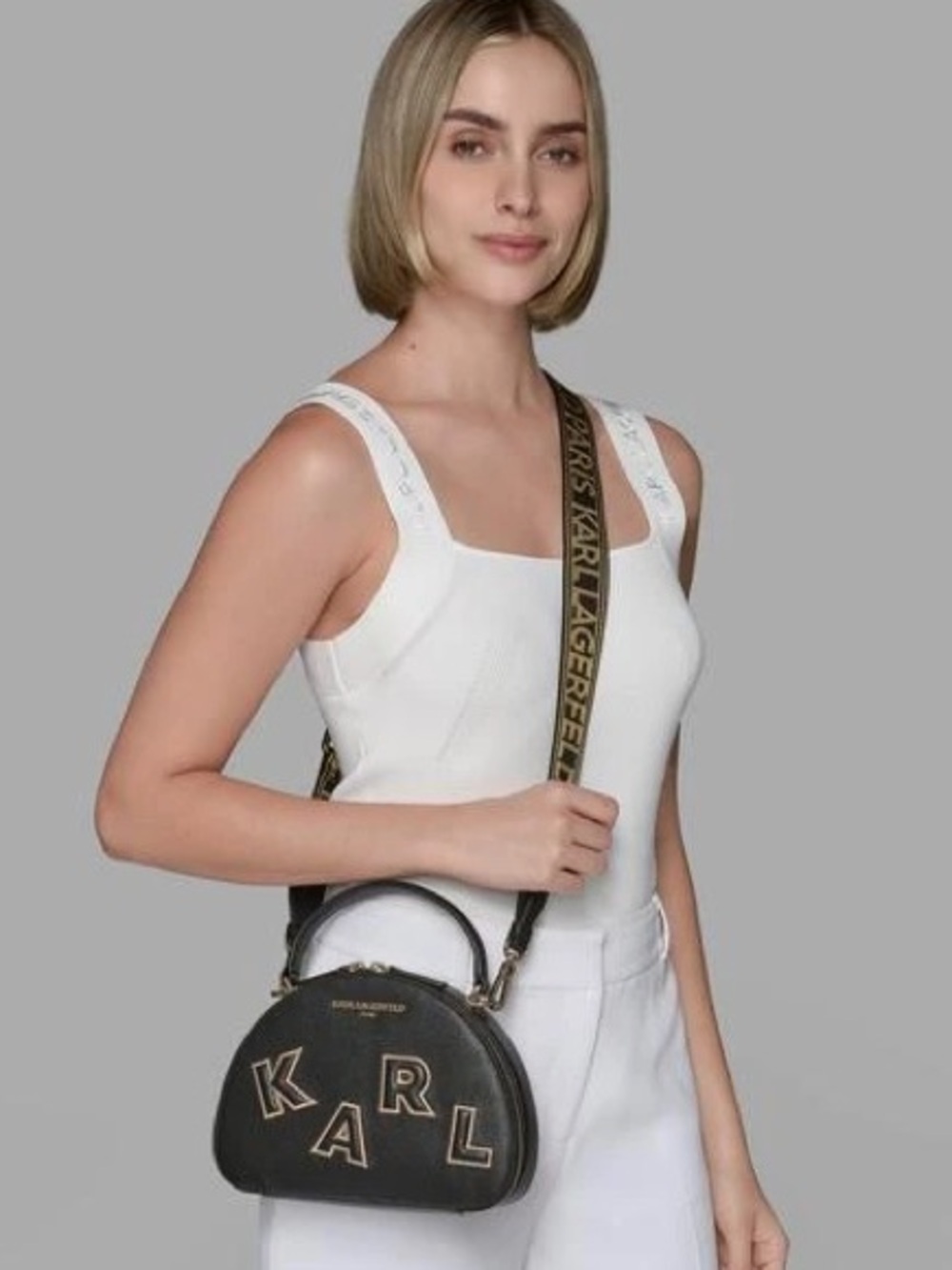 Karl Lagerfeld unique shape,embroidered brand spell out,branded crossbody strap